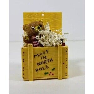 Vintage Teddy Bear in a Crate Box Plastic Christmas Ornament Made in the North P